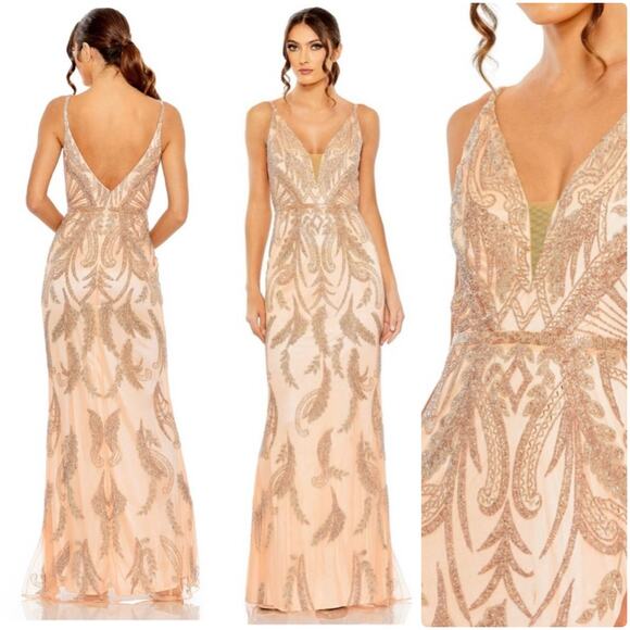 Mac Duggal 6015 V neck Sequin Embellished Gown Apricot Pink size 14